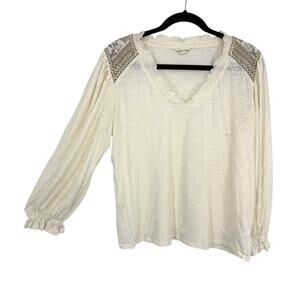 Lucky Brand Embroidered Peasant Top Women Size Large Ivory Balloon Sleeve V neck